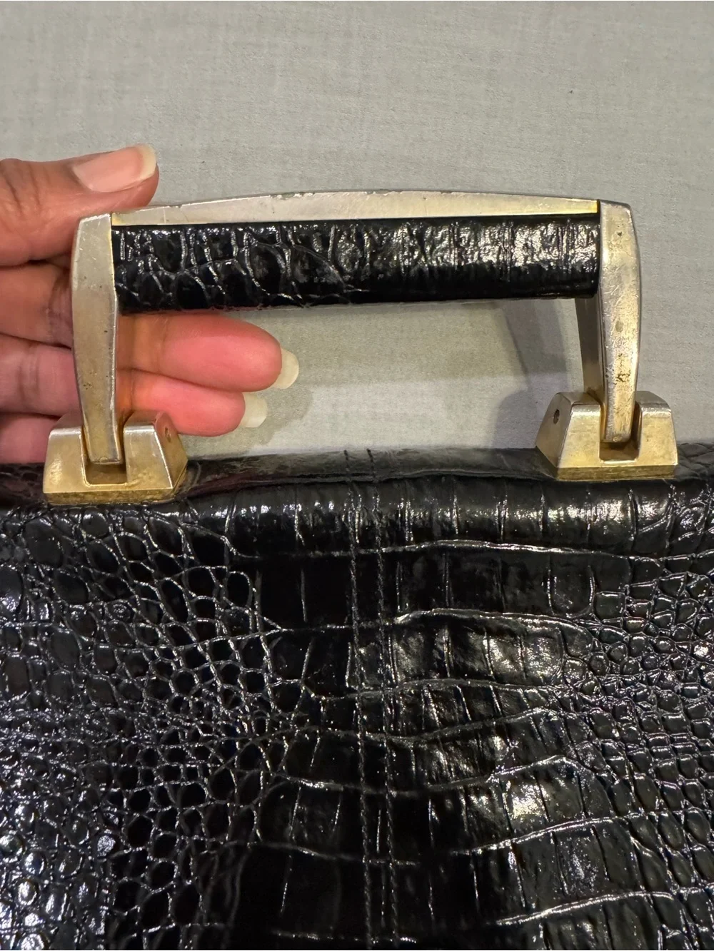 Vintage Black Croc-leather Structured Briefcase with Gold Hardware